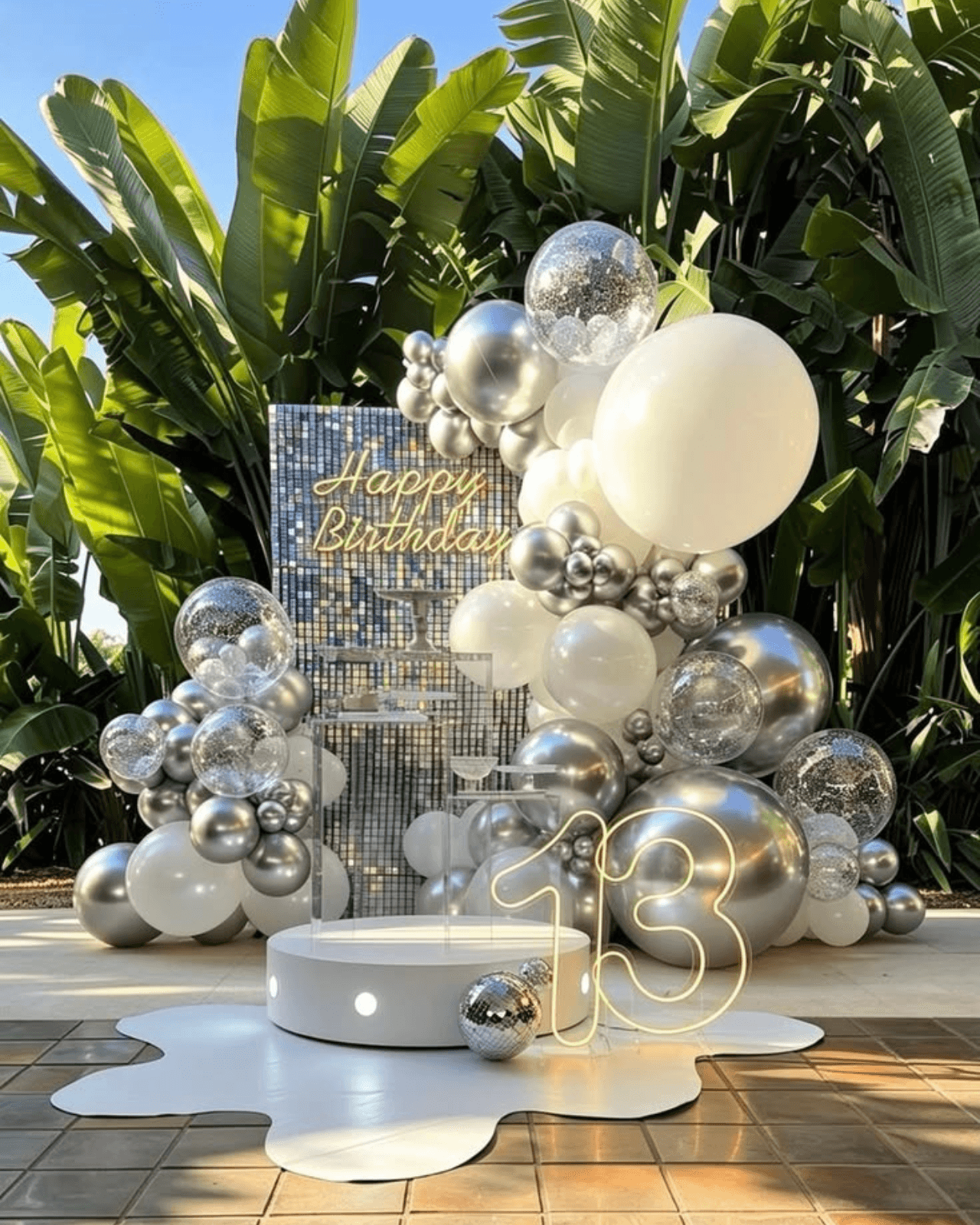 Guirnalda de globos en tonos cobre y crema para una celebración de cumpleaños