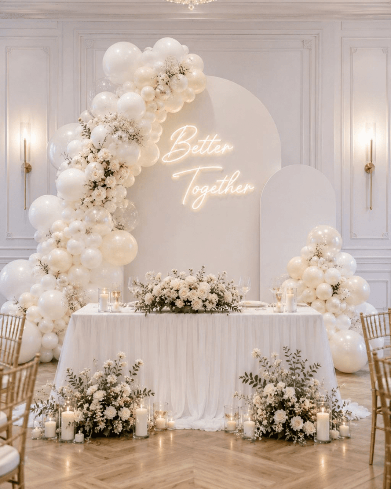 Elegante arco de globos en marfil y rosa para una recepción de boda